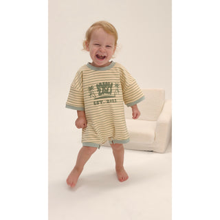 Short Sleeve Boxy Romper - Light Green Stripe