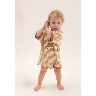 Short Sleeve Boxy Romper - Light Brown Stripe
