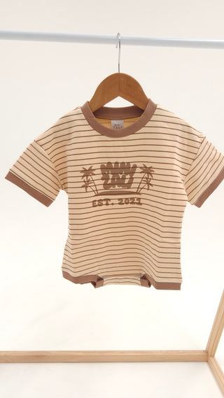 Short Sleeve Boxy Romper - Light Brown Stripe