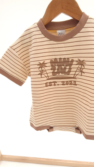 Short Sleeve Boxy Romper - Light Brown Stripe