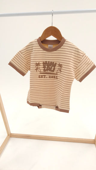 Short Sleeve Boxy Romper - Light Brown Stripe