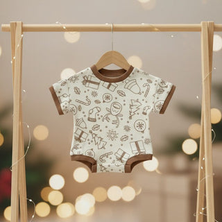 Christmas Boxy Romper - Beige Print