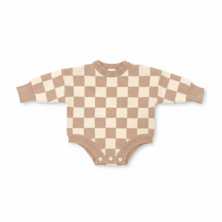 Long Sleeve Knit Romper - Light Brown Check