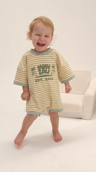 Short Sleeve Boxy Romper - Light Green Stripe