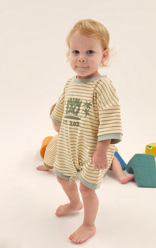 Short Sleeve Boxy Romper - Light Green Stripe