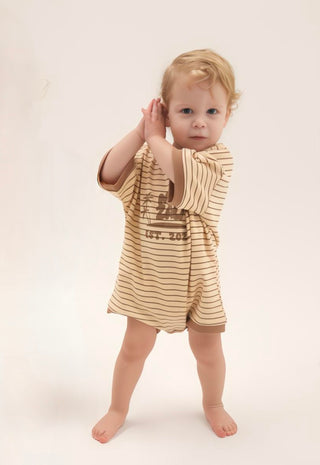 Short Sleeve Boxy Romper - Light Brown Stripe